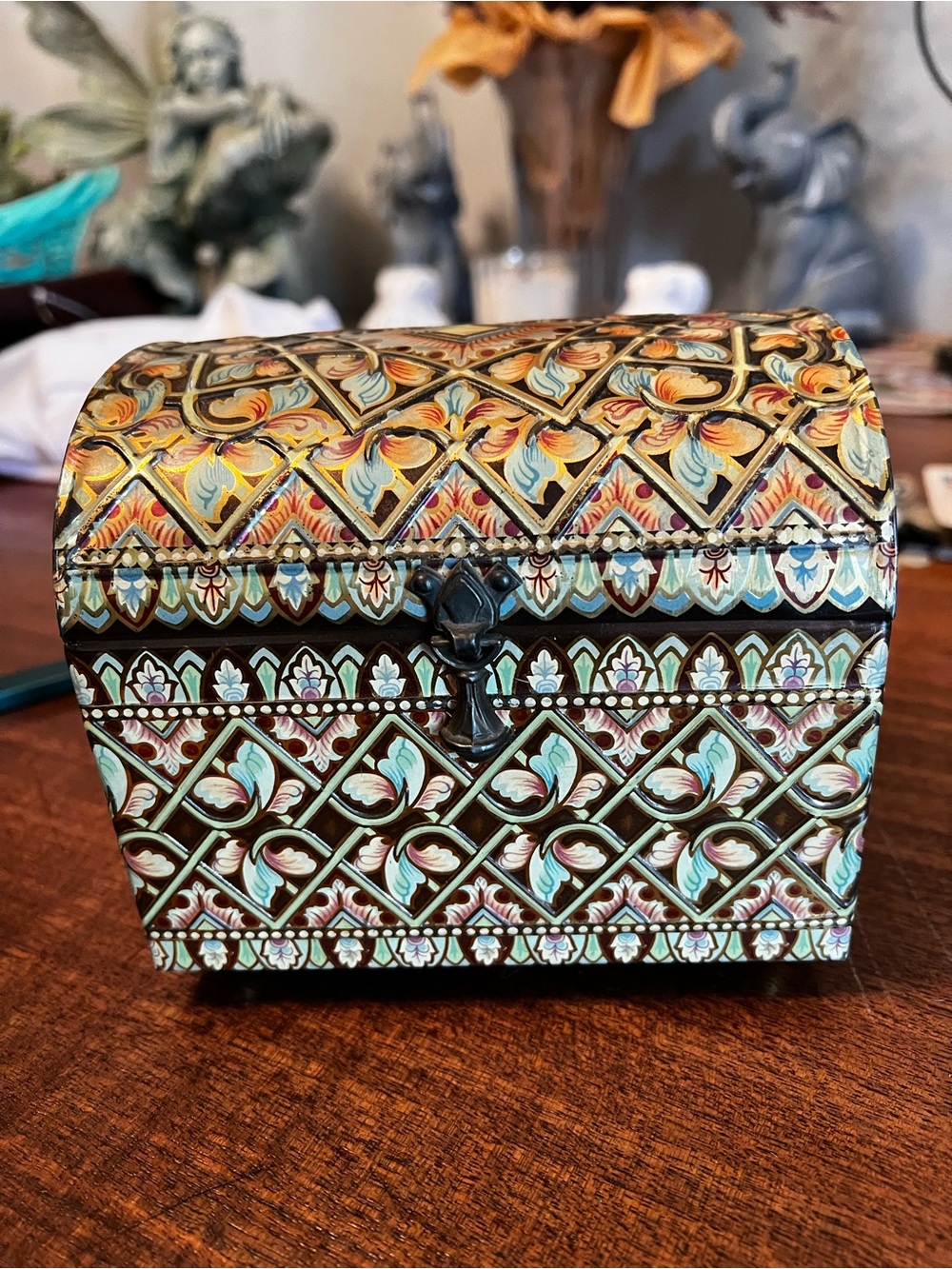 Hand-Painted Blue and Gold Decorative Jewelry Chest